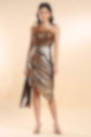 Metallic Brown Amber Satin Embellished Draped Dress by AMRTA By Guneet Kondal at Pernia's Pop Up Shop