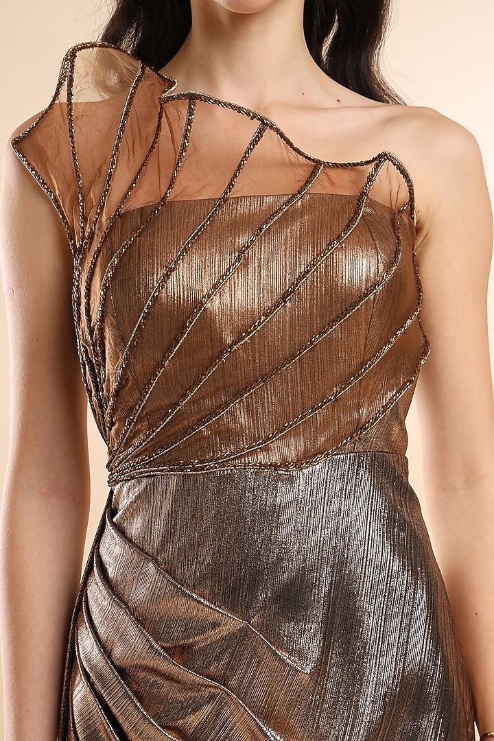 Metallic Brown Amber Satin Embellished Draped Vacation Dress by AMRTA By Guneet Kondal at Pernia's Pop Up Shop