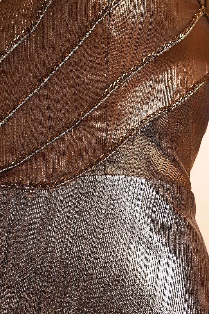 Metallic Brown Amber Satin Embellished Draped Vacation Dress by AMRTA By Guneet Kondal at Pernia's Pop Up Shop