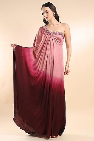 Pink & Berry Ombre Viscose Satin Embellished One Shoulder Kaftan by AMRTA By Guneet Kondal