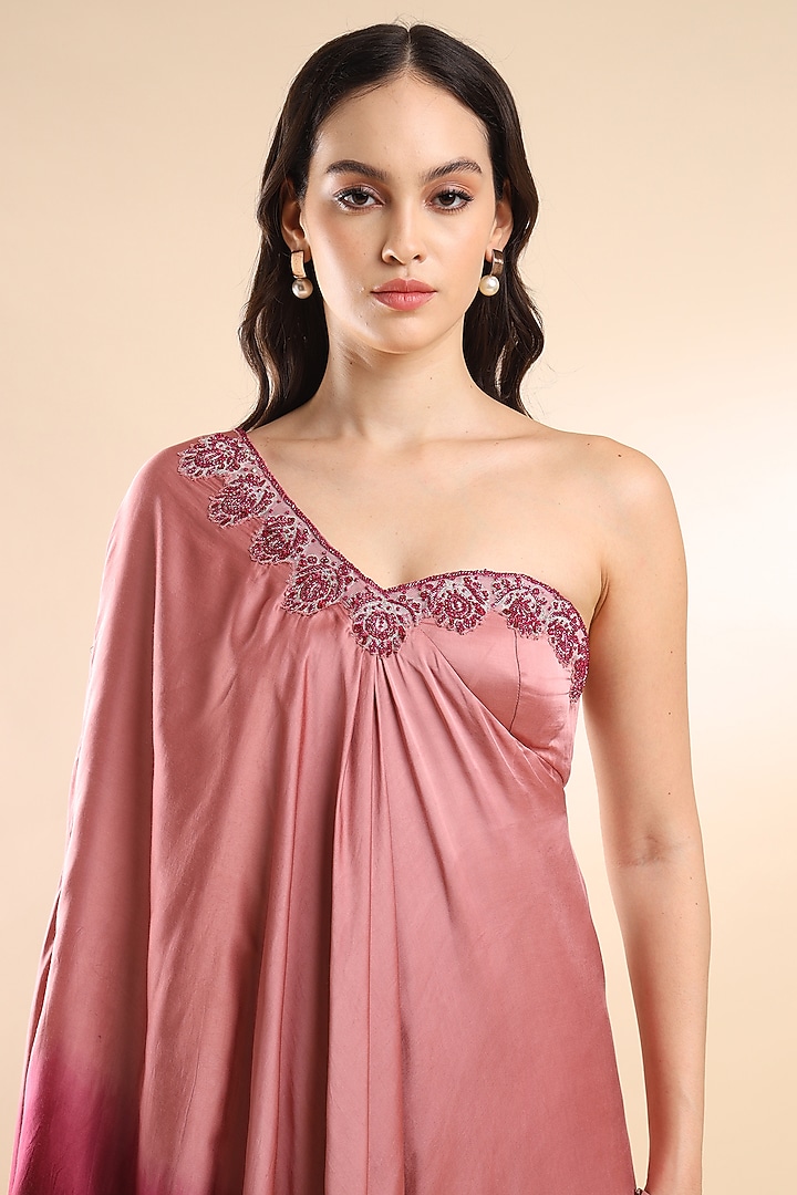 Pink & Berry Ombre Viscose Satin Embellished One Shoulder Kaftan by AMRTA By Guneet Kondal at Pernia's Pop Up Shop