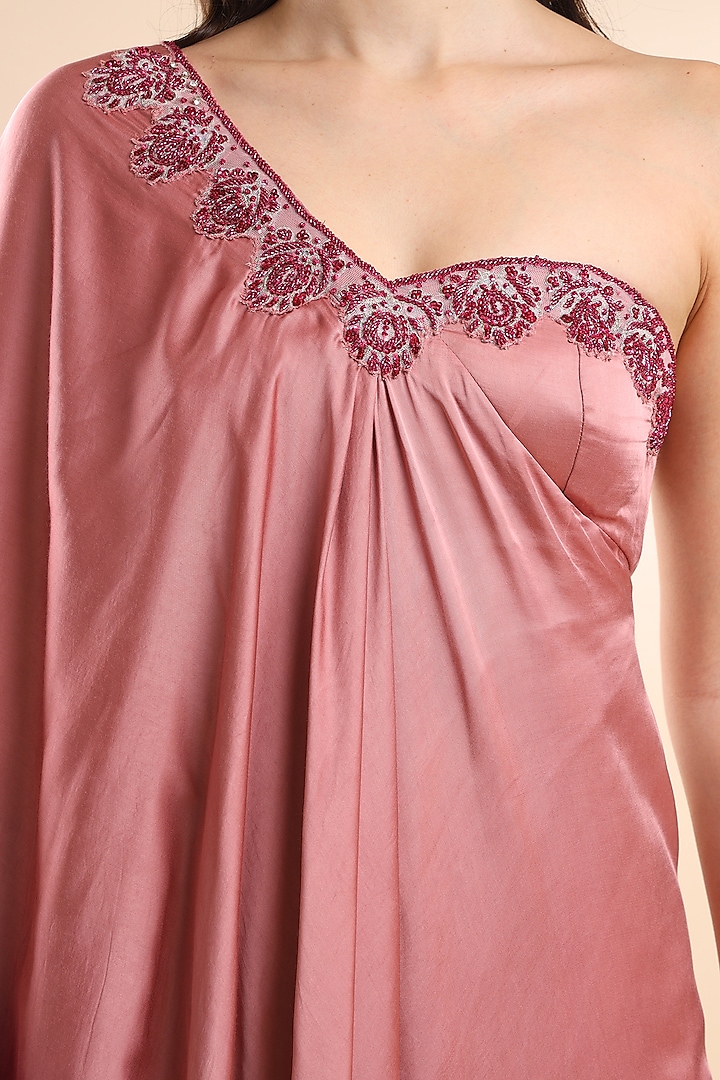 Pink & Berry Ombre Viscose Satin Embellished One Shoulder Kaftan by AMRTA By Guneet Kondal at Pernia's Pop Up Shop