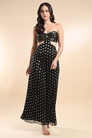 Black Viscose Georgette Polka Dotted Jumpsuit by AMRTA By Guneet Kondal