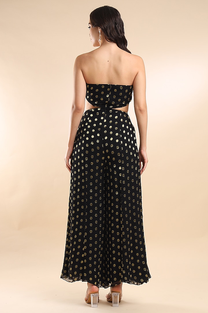 Black Viscose Georgette Polka Dotted Jumpsuit by AMRTA By Guneet Kondal at Pernia's Pop Up Shop