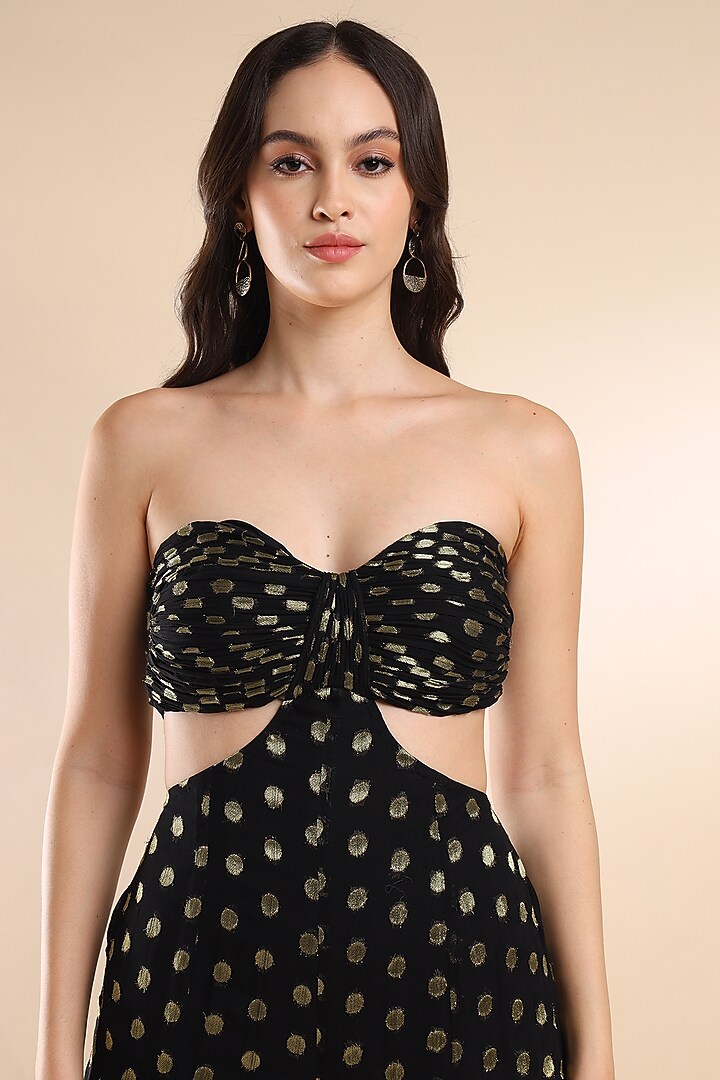 Black Viscose Georgette Polka Dotted Jumpsuit by AMRTA By Guneet Kondal at Pernia's Pop Up Shop