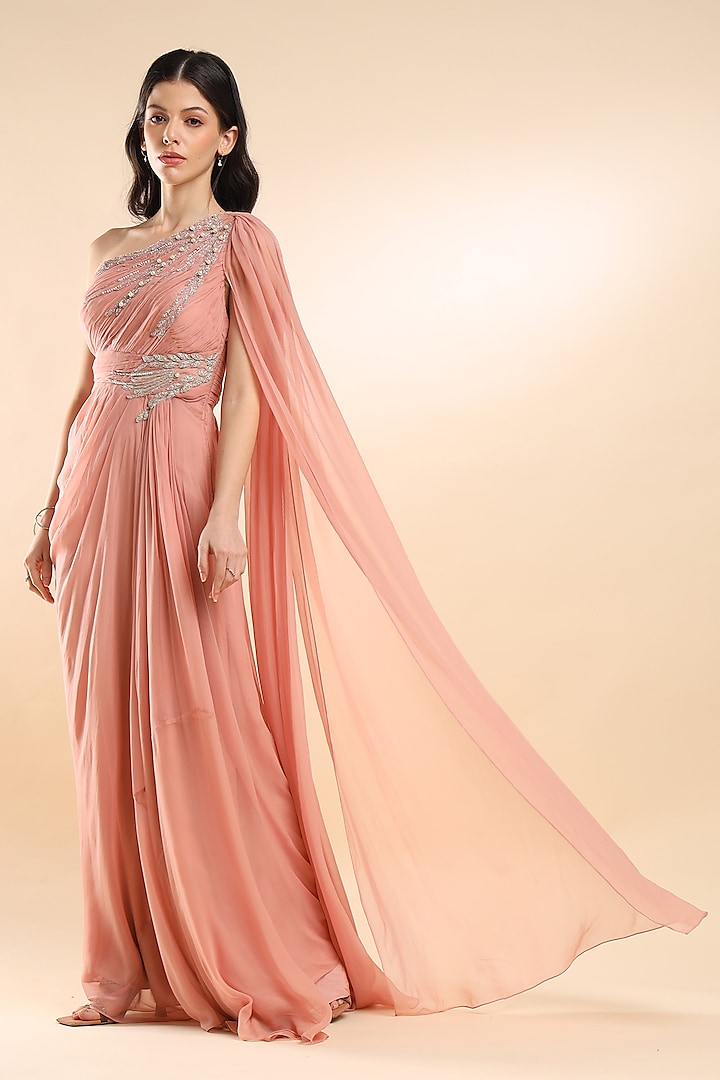 Blush Pink Viscose Georgette One Shoulder Dress by AMRTA By Guneet Kondal at Pernia's Pop Up Shop