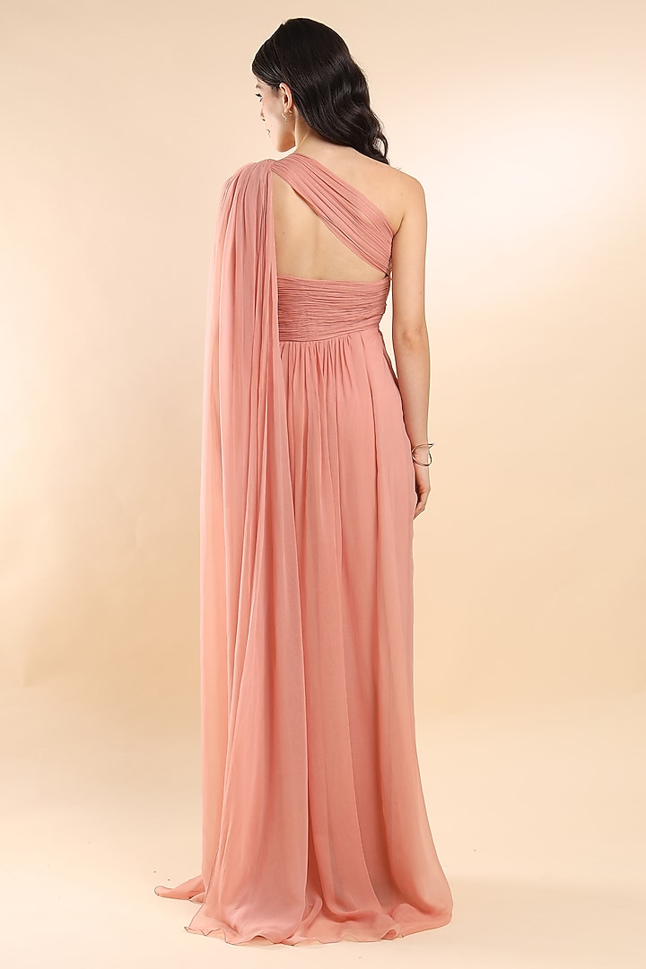 Blush Pink Viscose Georgette One Shoulder Vacation Dress by AMRTA By Guneet Kondal at Pernia's Pop Up Shop