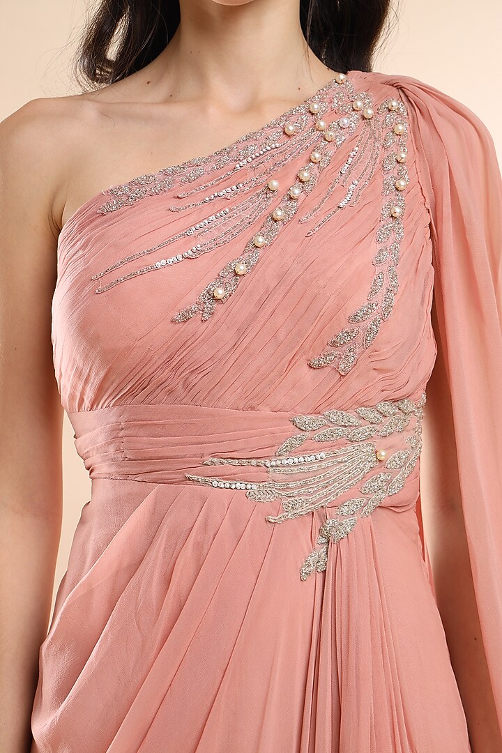 Blush Pink Viscose Georgette One Shoulder Vacation Dress by AMRTA By Guneet Kondal at Pernia's Pop Up Shop