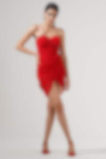 Crimson Red Viscose Hand Draped Mini Dress by AMRTA By Guneet Kondal