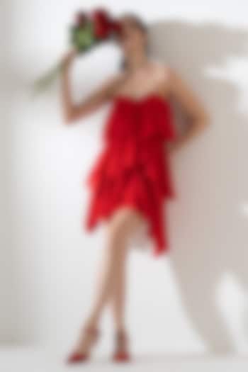 Red Viscose Georgette Ruffled Tube Mini Dress by AMRTA By Guneet Kondal