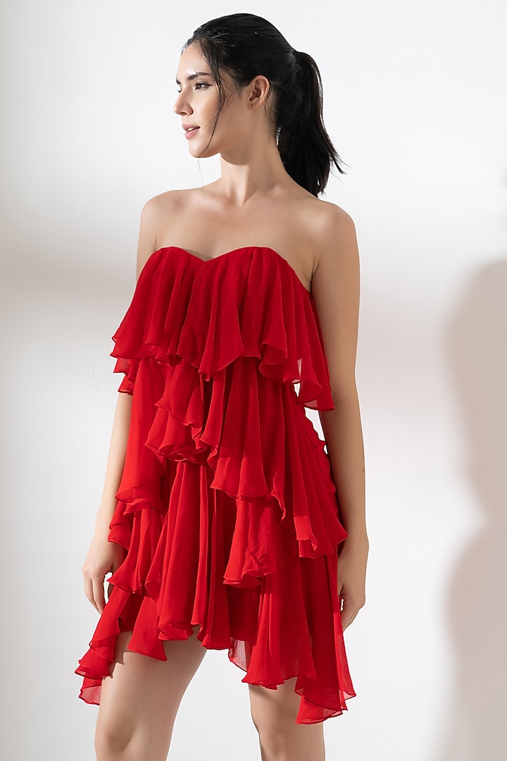 Red Viscose Georgette Ruffled Tube Mini Summer Dress by AMRTA By Guneet Kondal at Pernia's Pop Up Shop