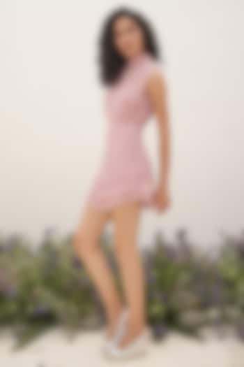 Pale Pink Chinon Hand Ruched Ruffled Mini Dress by AMRTA By Guneet Kondal