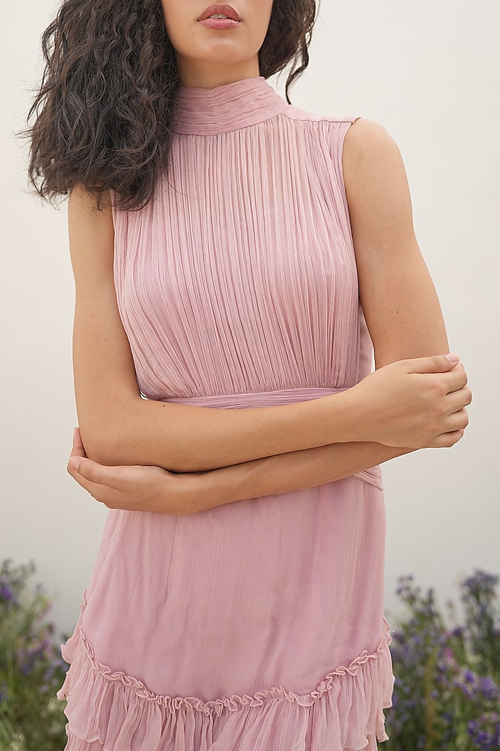Pale Pink Chinon Hand Ruched Ruffled Mini Summer Dress by AMRTA By Guneet Kondal at Pernia's Pop Up Shop