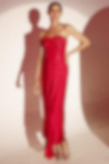 Red Viscose Silk Satin Draped Skirt Set by AMRTA By Guneet Kondal