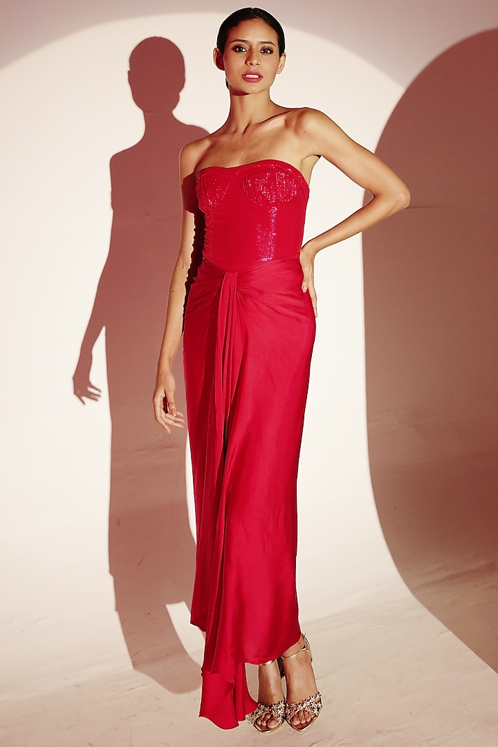 Red Viscose Silk Satin Draped Skirt Set by AMRTA By Guneet Kondal