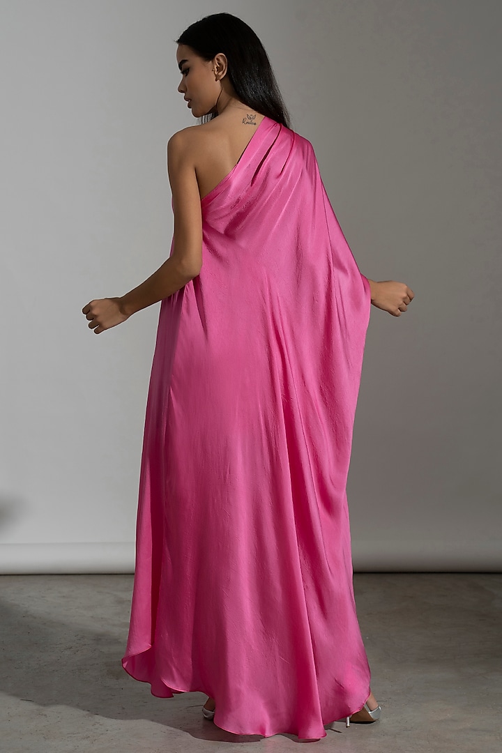 Hot Pink Viscose Satin One-Shoulder Kaftan by AMRTA By Guneet Kondal at Pernia's Pop Up Shop