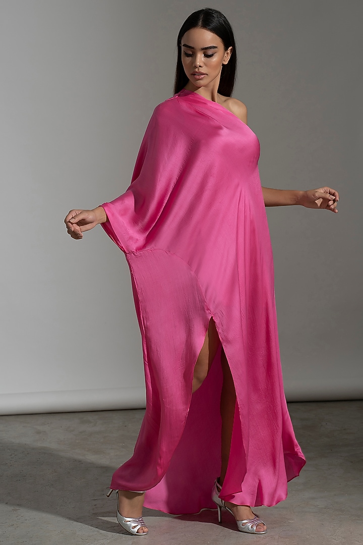 Hot Pink Viscose Satin One-Shoulder Kaftan by AMRTA By Guneet Kondal at Pernia's Pop Up Shop