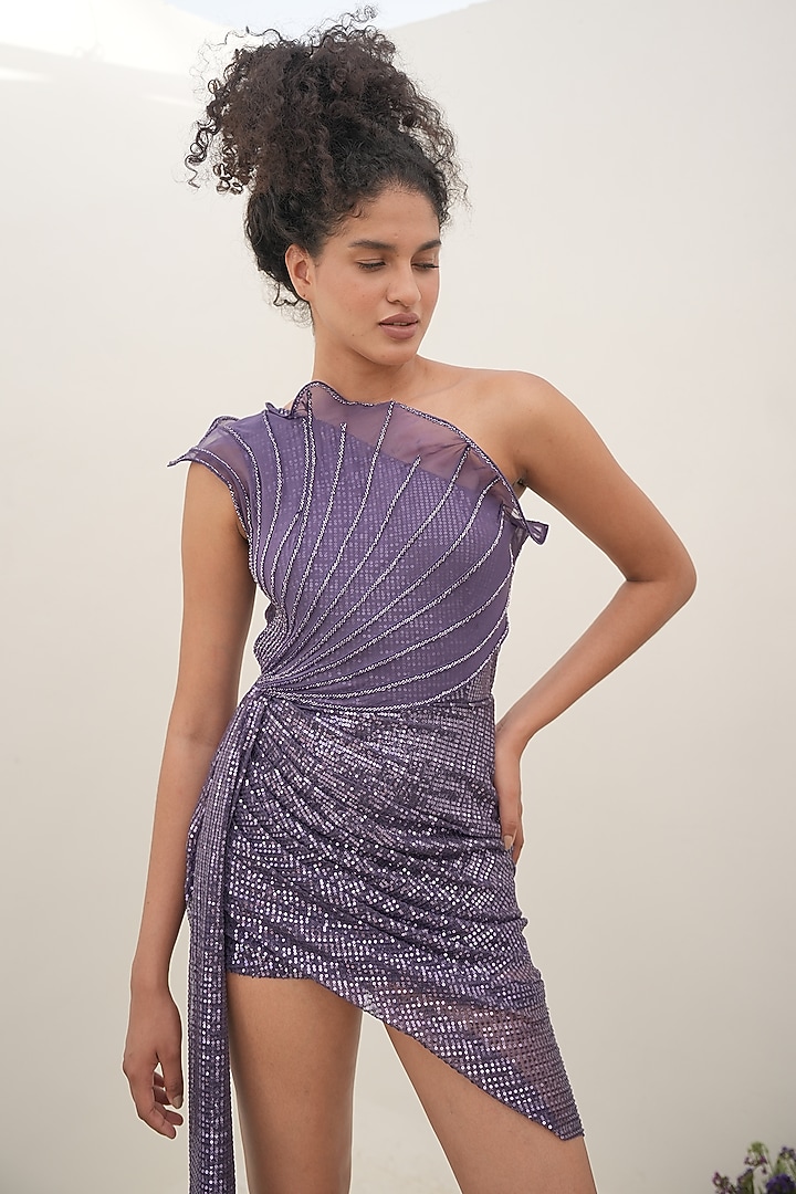 Purple Sequins Hand Embellished One-Shoulder Bodice Mini Vacation Dress by AMRTA By Guneet Kondal at Pernia's Pop Up Shop