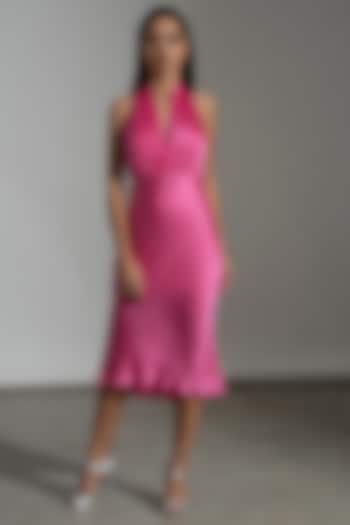 Pink Satin Midi Flared Dress by AMRTA By Guneet Kondal