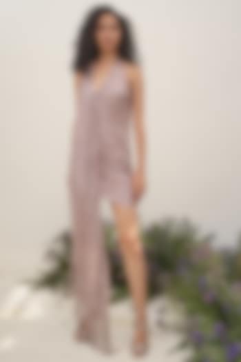 Taupe Sequins Hand Beaded Asymmetric Mini Dress by AMRTA By Guneet Kondal