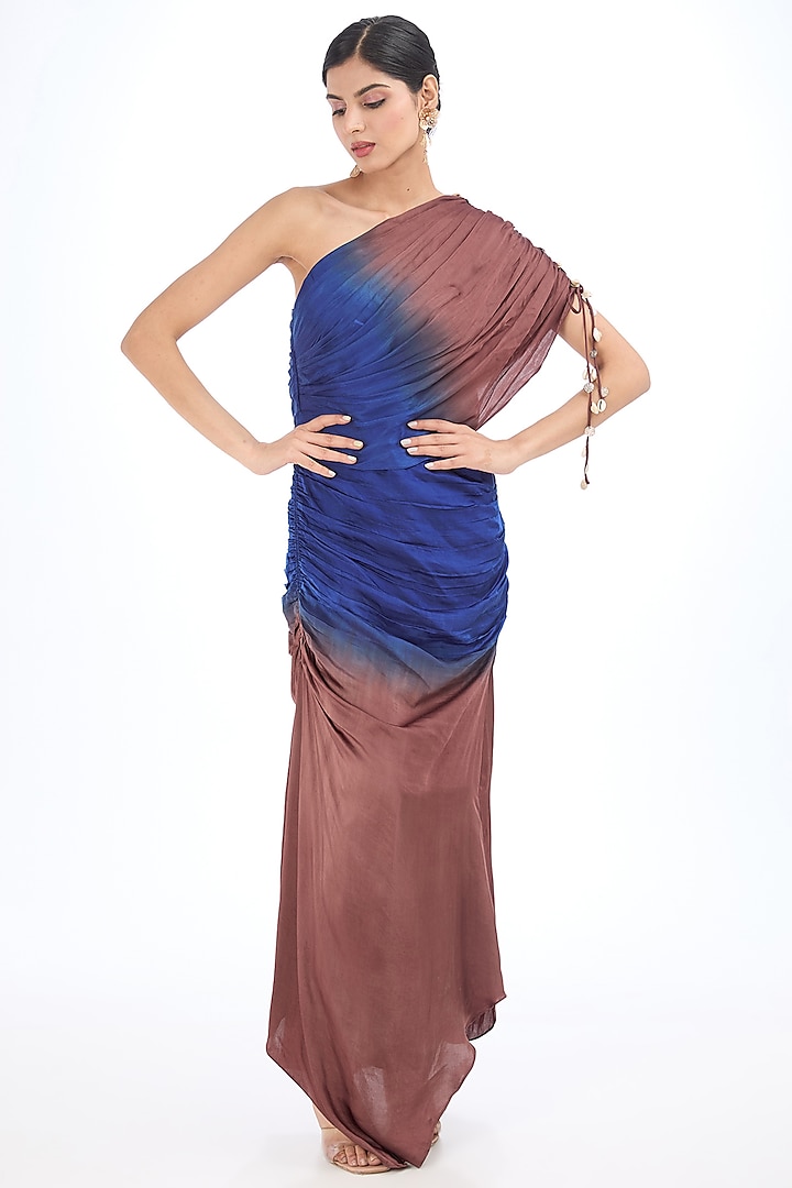 Multi-Colored Satin One-Shoulder Draped Maxi Dress by AMRTA By Guneet Kondal