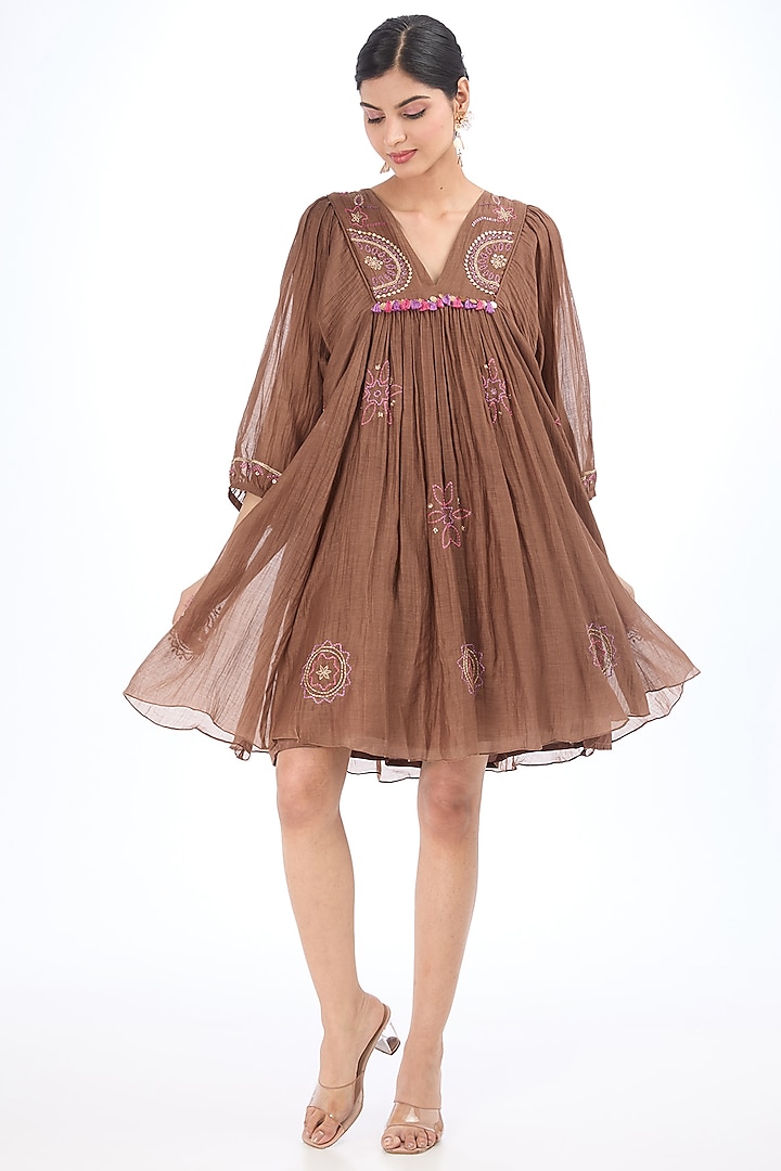 Brown Cotton Silk & Blend Chanderi Embroidered Mini Dress by AMRTA By Guneet Kondal