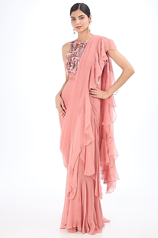 Coral Chiffon Pre-Draped Ruffled Saree Set by AMRTA By Guneet Kondal