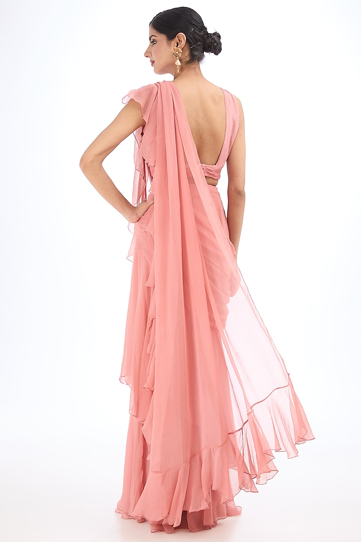 Coral Chiffon Pre-Draped Ruffled Wedding Saree Set by AMRTA By Guneet Kondal at Pernia's Pop Up Shop