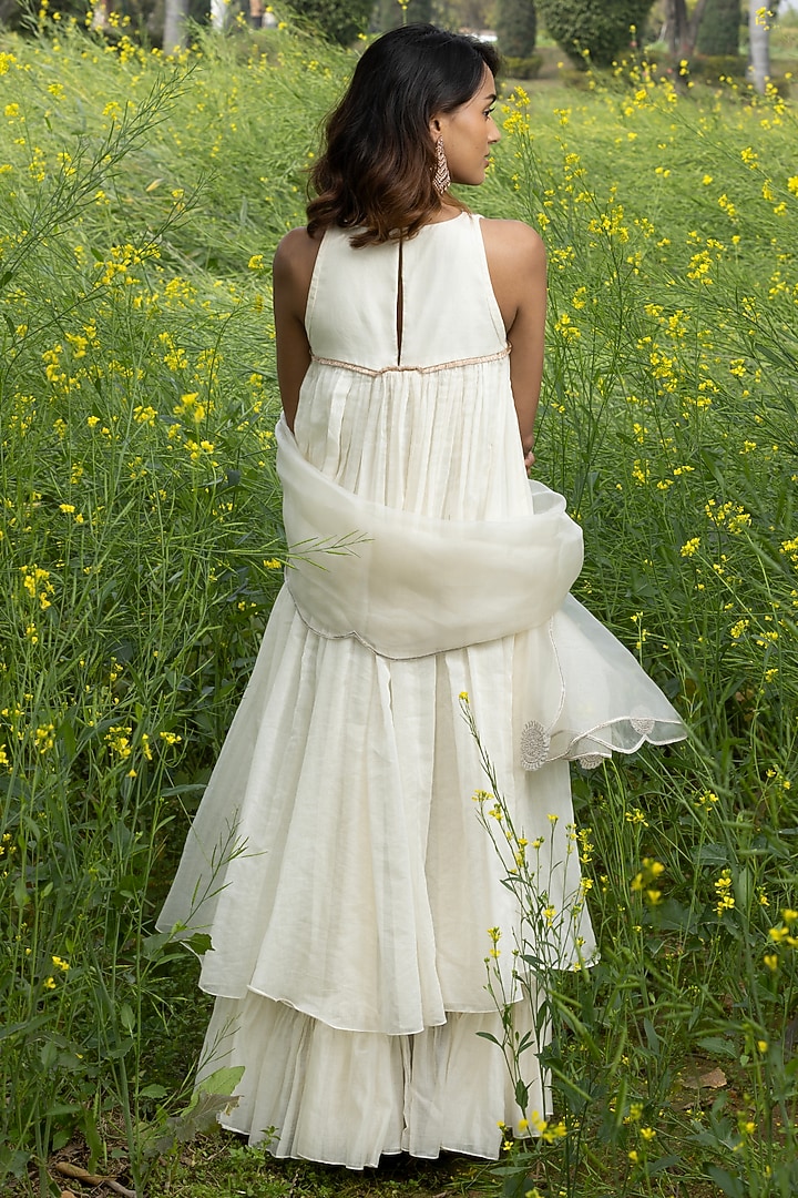Neutral Chanderi Hand Embroidered Wedding Anarkali Set by AMRTA By Guneet Kondal at Pernia's Pop Up Shop