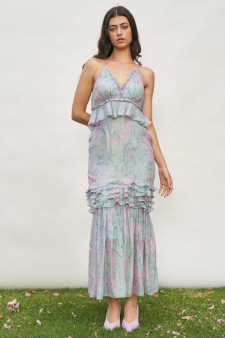 Purple Viscose & Georgette Ruffled Maxi Dress by AMRTA By Guneet Kondal at Pernia's Pop Up Shop