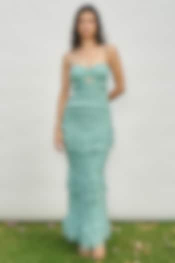 Teal Viscose & Chiffon Ruffled Maxi Dress by AMRTA By Guneet Kondal at Pernia's Pop Up Shop