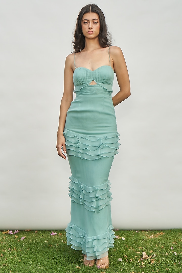 Teal Viscose & Chiffon Ruffled Maxi Dress by AMRTA By Guneet Kondal at Pernia's Pop Up Shop