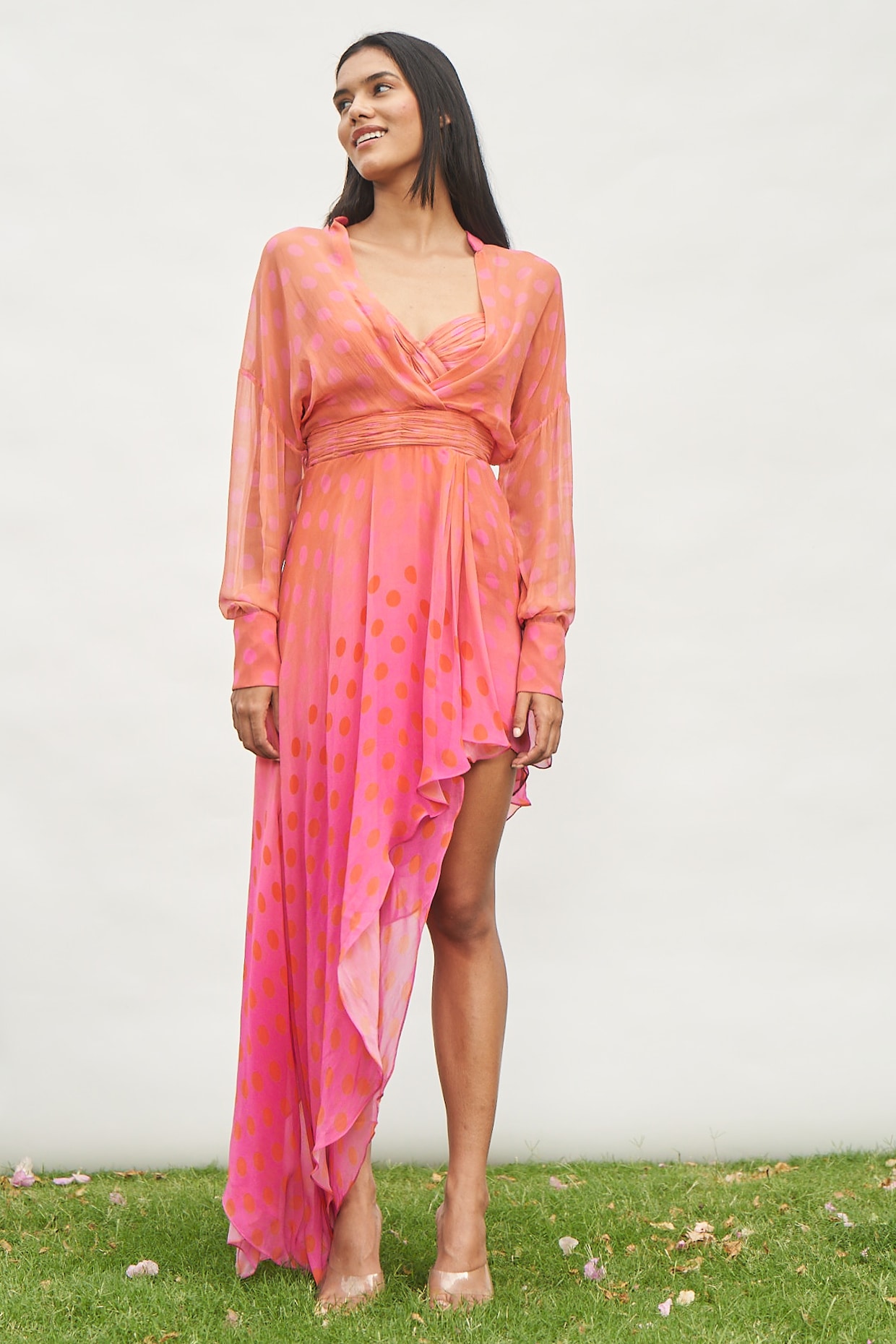 Pink Coral Ombre Shell Polka Dot Printed High Low Maxi Dress by AMRTA By Guneet Kondal at Pernia s Pop Up Shop