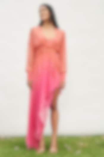 Pink & Coral Ombre Shell Polka Dot Printed High-Low Maxi Dress by AMRTA By Guneet Kondal