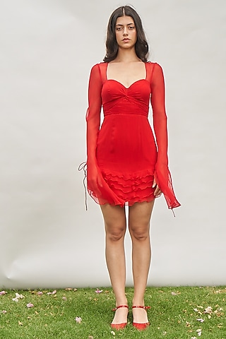 Red Viscose Chiffon Ruched Mini Dress by AMRTA By Guneet Kondal
