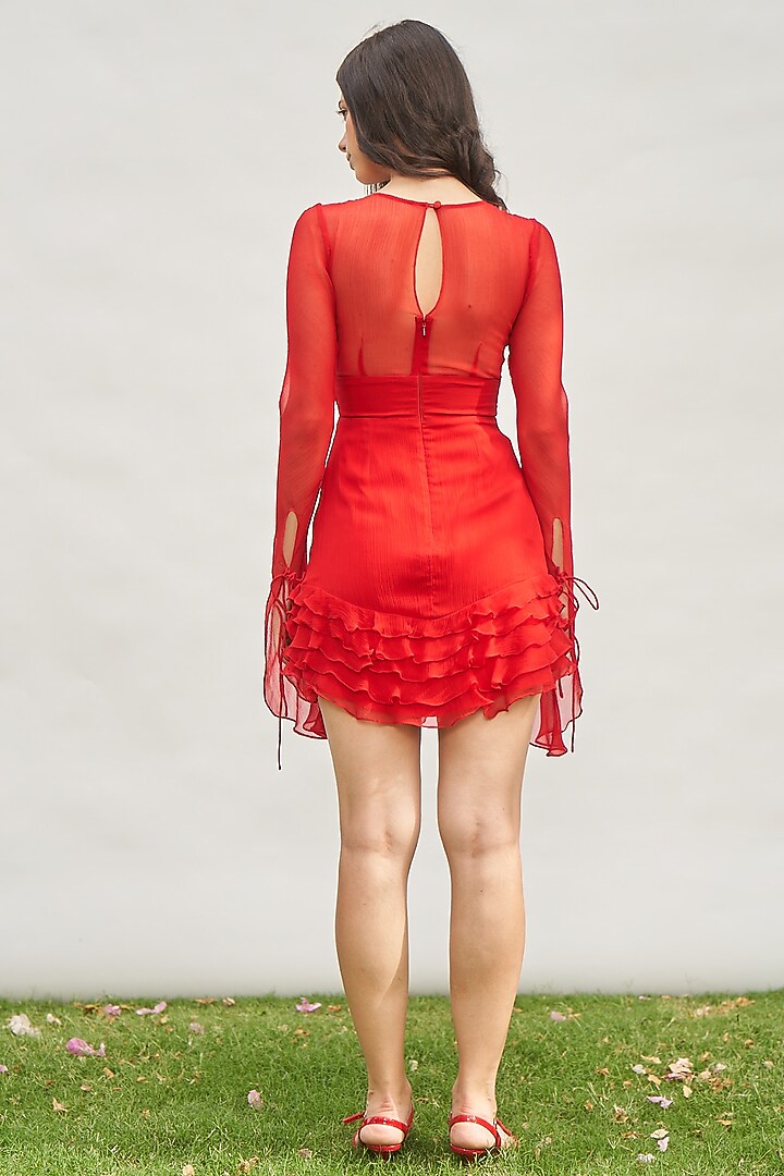 Red Viscose Chiffon Ruched Mini Summer Dress by AMRTA By Guneet Kondal at Pernia's Pop Up Shop