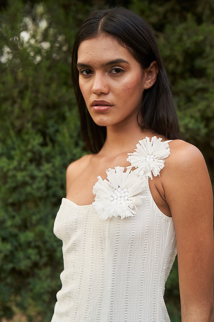 Ivory Shell & Tencel One-Shoulder Mini Summer Dress by AMRTA By Guneet Kondal at Pernia's Pop Up Shop