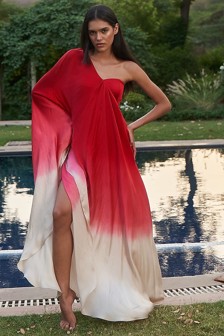 Red Ombre Shell & Satin One-Shoulder Maxi Dress by AMRTA By Guneet Kondal at Pernia's Pop Up Shop