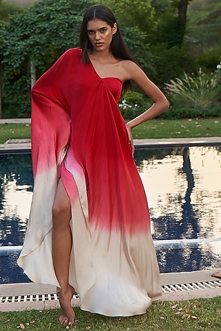 Red Ombre Shell & Satin One-Shoulder Maxi Dress by AMRTA By Guneet Kondal