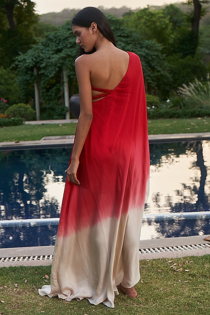Red Ombre Shell & Satin One-Shoulder Maxi Summer Dress by AMRTA By Guneet Kondal at Pernia's Pop Up Shop