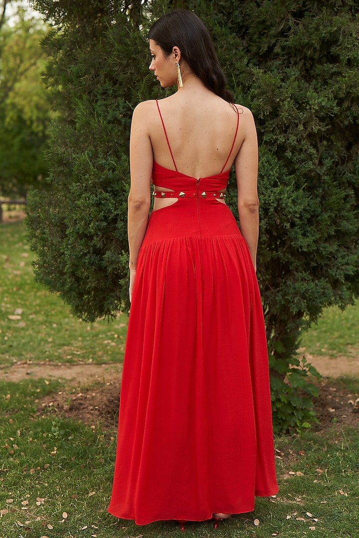 Red Shell & Linen Crepe Cut-Out Maxi Vacation Dress by AMRTA By Guneet Kondal at Pernia's Pop Up Shop