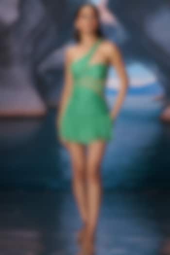 Seafoam Green Chiffon Stud Embroidered Mini Summer Dress by AMRTA By Guneet Kondal at Pernia's Pop Up Shop