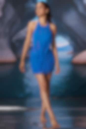 Future Blue Power Mesh & Chiffon Mini Summer Dress by AMRTA By Guneet Kondal at Pernia's Pop Up Shop