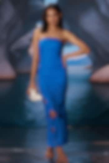 Future Blue Linen Cutwork Maxi Vacation Dress by AMRTA By Guneet Kondal at Pernia's Pop Up Shop