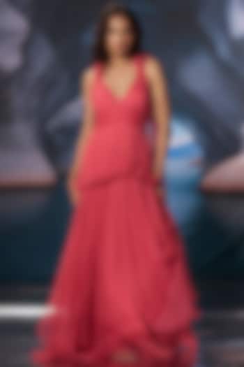 Coral Chiffon Maxi Vacation Dress by AMRTA By Guneet Kondal at Pernia's Pop Up Shop