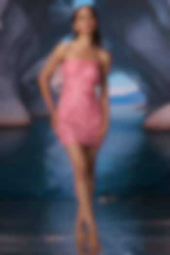 Coral Linen Machine Embroidered Mini Summer Dress by AMRTA By Guneet Kondal at Pernia's Pop Up Shop