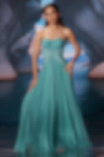 Retro Blue Chiffon Hand Embroidered Maxi Vacation Dress by AMRTA By Guneet Kondal at Pernia's Pop Up Shop