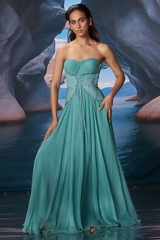 Retro Blue Chiffon Hand Embroidered Maxi Dress by AMRTA By Guneet Kondal