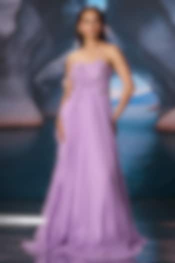 Lilac Chiffon Floral Embroidered Maxi Vacation Dress by AMRTA By Guneet Kondal at Pernia's Pop Up Shop