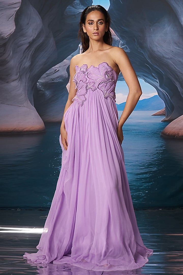 Lilac Chiffon Floral Embroidered Maxi Vacation Dress by AMRTA By Guneet Kondal at Pernia's Pop Up Shop